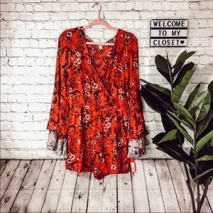 NWT Red Floral Long Bell Sleeve Romper